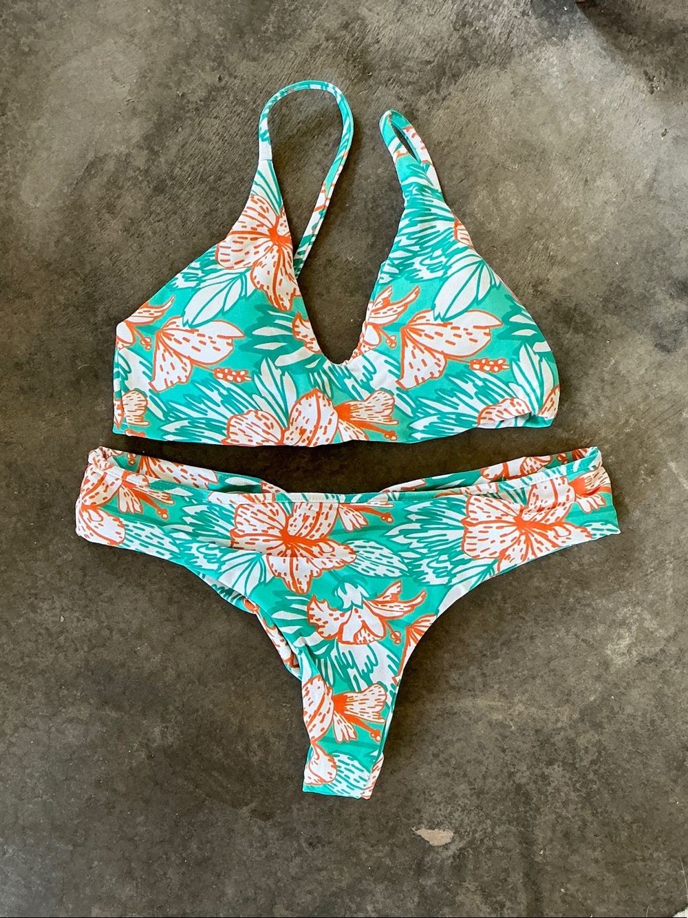Midori Floral V-Neck Bikini Set in Teal and Coral